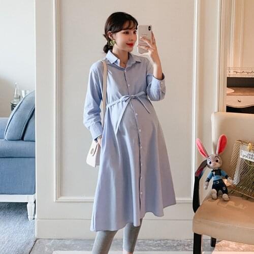 Spring Autumn Blue Fashion Maternity Nursing Clothing Open Button Breastfeeding Clothes Maternity Dress For Pregnant Women 2021