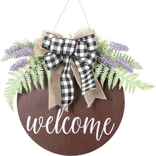 Welcome Sign for Front Door Wooden Hanging Sign Lavender Wreath for Front Porch Outdoor Restaurant Home Decoration
