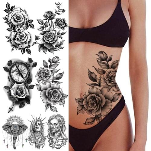 Black Rose Flower Temporary Tattoos For Women Girls Elephant Character Face Fake Tattoo Sticker Sexy Waist Thigh Tatoos Arm 3D
