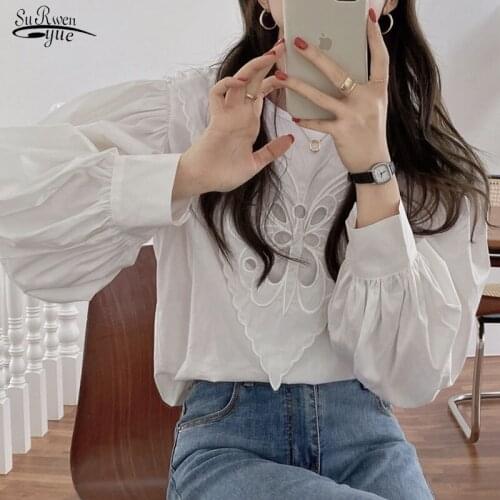 Korean Style O-Neck Casual Top Puff Long Sleeve Loose White Womens Shirt Hollow Butterfly Embroidered Blouse Women Blusas 15870
