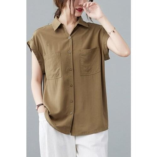 Women Summer Cotton Casual Shirts New Arrival 2021 Simple Style Turn-down Collar Solid Color Loose Female Short Sleeve Tops B023