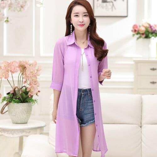 Women Cardigan Summer Sun Protection Blouse Female Super Thin Chiffon Shirt Elegant Solid Color Cardigan Outwear Half Sleeve