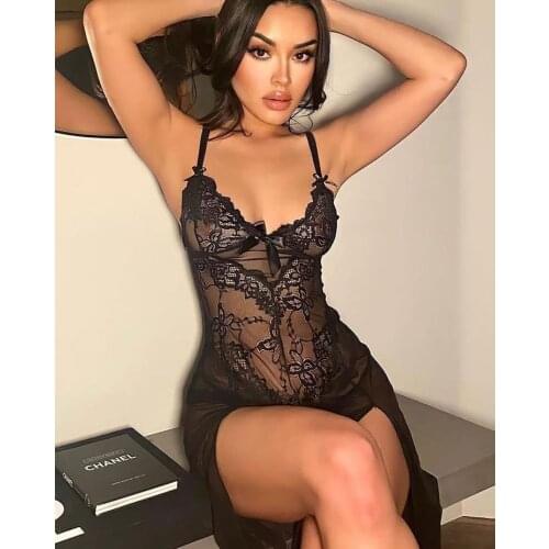 FUFUCAILLM Lace Sleep Gown Women Floral Suspenders Low Chest Mesh See-through Exotic Dresses Sexy Sleepwear Femme