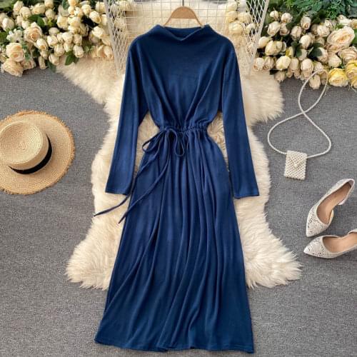 2021 new womens dress fashion temperament solid color beaten bottom rope long-sleeved dress women autumn/winter