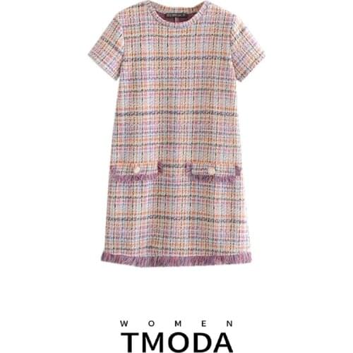 TMODA298 2021 Summer Women Sweet Knit Mini Dress Tassels Patchwork Short Sleeve O Neck Female Cute Streetwear Dresses Vestidos