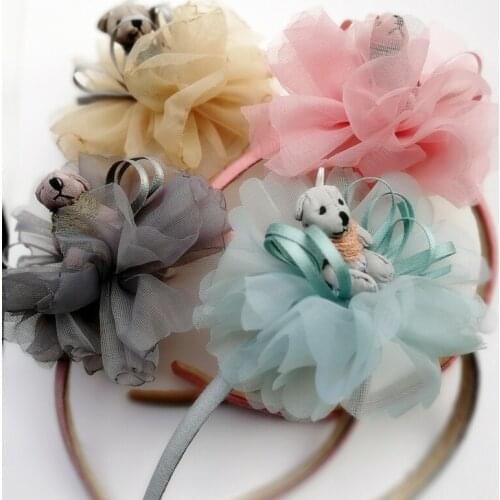 1PC/LOT Floral Bear Ribborn Bow Hairband Chiffon Pom Lovely Kid Headband Cute Summer Style Flower Girl Hairband Hotsale Headwear