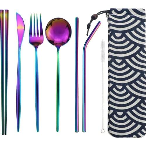 8pcs Portable Travel Knife Fork Spoon Chopsticks Straw Dinneware Set Blue Cutlery Set 304 Stainless Steel Silverware with Pouch
