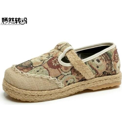 Boho Women Vintage Shoes Cotton Linen Flat Canvas National Embroidery Woven Round Toe Soft Canvas Bear Embroidered Shoes