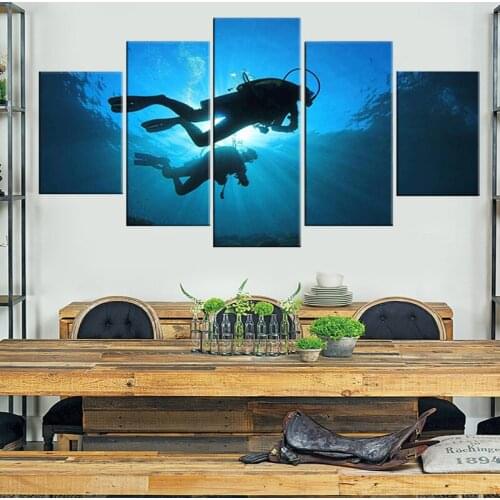 Home Decoration Living Room Modular Painting 5 Panel Sea Underwater Diver Framework Wall Art HD Printed Canvas Poster Pictures