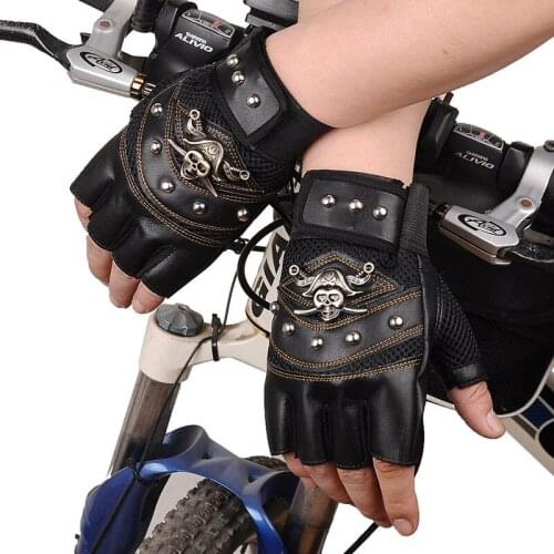 PU Leather Motorcycle Gloves Half Finger Gloves Mens Non Slip Breathable 3D Metal Skull Anti-sweat Riding Cycling Moto Gloves