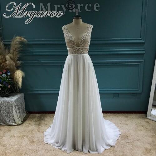Mryarce 2021 Plunging Neckline 3D Flower Lace Open Back Chiffon A Line Wedding Dress Rustic Bridal Gowns