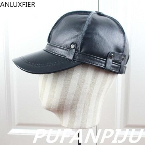 H6967 Mens Leather Visor Hat Autumn Winter Cowhide Leisure Cap Youth Middle Age Male Casual Outdoor Warm Fashion Cotton Hats