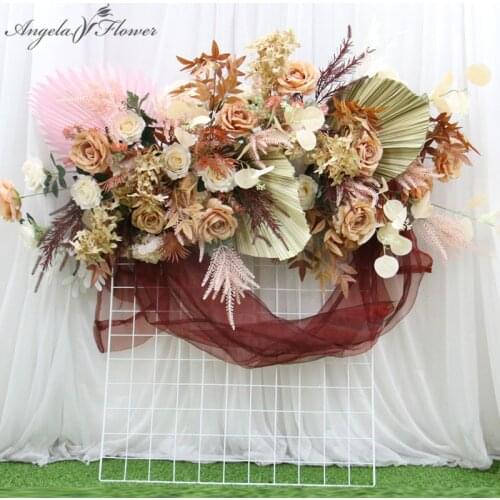 Custom Gold Grass Natural Pu Fan Leaf Rose Artificial Flower Row Party Props Wedding Arch Deco Flower Arrangement Window Display