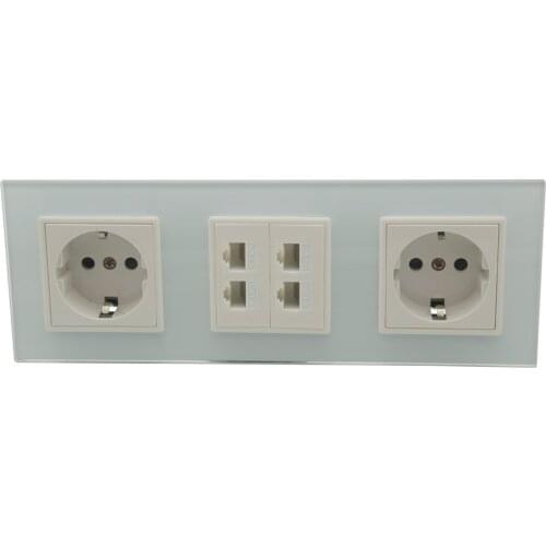 3 Gang 80 Style 2 Ports EU Power Socket 4 Ports HDMI CAT6 RJ45 Wall Plate With Toughened Crystal Glass Panel