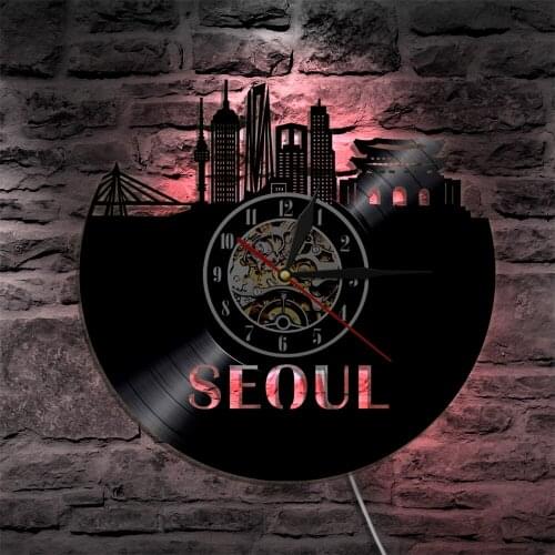 SEOUL City LED Vinyl Clock Lighting Color Change Wall Light Remote Control Modern Backlight Cool Living Room Interior