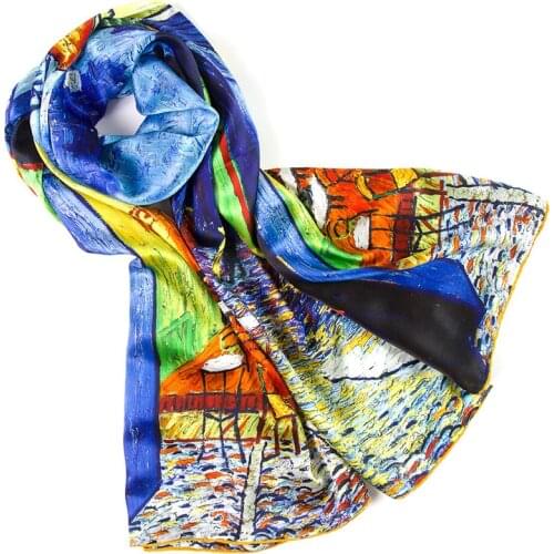 100% Silk Scarf Women Scarf Night Coffee Shop Silk Shawl 2019 Designer Scarf Silk Pashmina Long Thick Silk Wrap Luxury Lady Gift