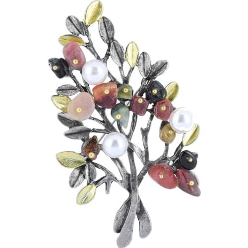 Vintage Jewelry Natural Stone Brooch Pendant Retro Tree Shape Imitation Pearl Pins Brooches Jewelry for Women Accessories 1631