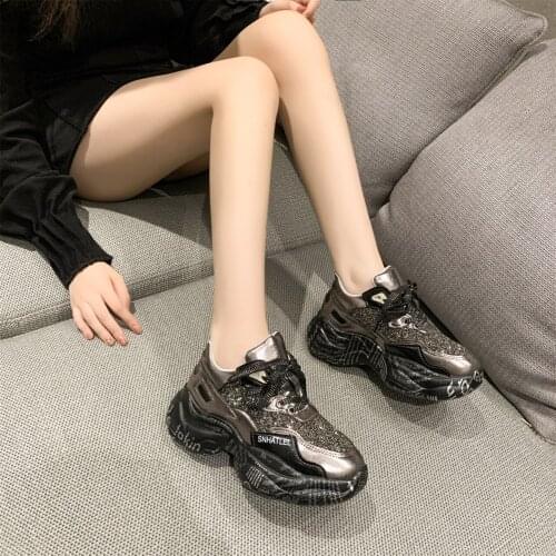 Ins rhinestone old shoes womens tide 2021 autumn new thick-soled sports shoes Korean version of the wild platform casual shoes