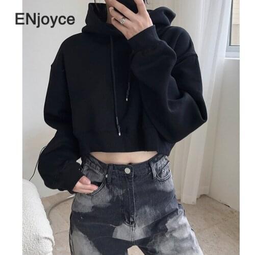 Women Cashmere Lined Long Sleeve Big Hoodies Cropped Tops 2020 Autumn Winter Fashion Sweatshirt Harajuku Loose Pullovers