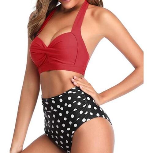 Push Up Halter High Waist Printing Pleated Front Women Two Piece Swimsuit Bikini Set for Swimming Pool