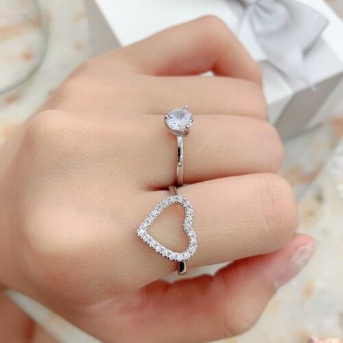 2021 New 2Pcs Vintage Suit Womens Ring Heart Round Zircon Adjustable Simple Fashion Double Ring Aesthetic Wedding Jewelry Gift