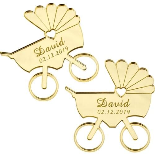 30pcs Personalized Engraved Mirror Wood Baby Carriage Name Card New Birth Born Stcikers Baby Shower Gift Tags Favors Decor