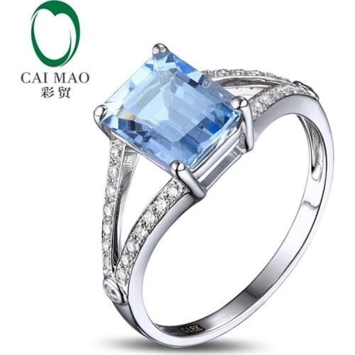 Caimao 2.42ct Emerald Cut 7x9mm Blue Aquamarine Pave Diamond 14k Gold Engagement Ring