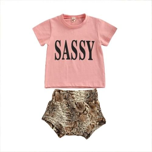 0-4Y 2pcs Toddler Baby Girls Clothes Sets Letter Short Sleeve T Shirts Tops Snakeskin Printed Shorts