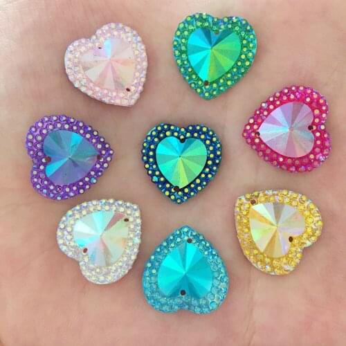 DIY 200Pcs 16mm AB Resin Heart Flat Back 2 Hole Rhinestone Wedding Buttons Crafts K98*10