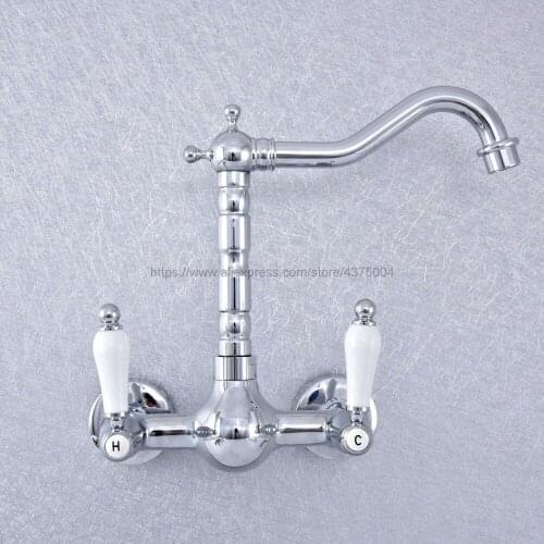 Chrome Double Handle Kitchen Faucet Wall Mounted 360 Degree Rotate Bathroom Kitchen Mixers Hot and Cold Tap Nsf548