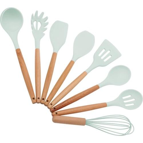 Kitchenware Hanging Hole Design Convenient Storage Pink 8PCS Silicone High Durability Wooden Beech Handle Cooking Utensils