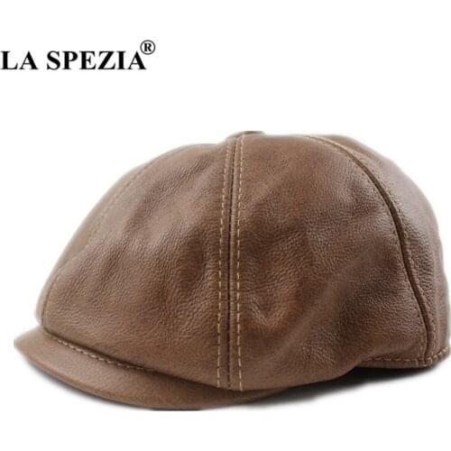 LA SPEZIA Khaki Mens Newsboy Gap Genuine Cowskin Leather Octagonal Cap Male Beret Autumn Winter Men Vintage Duckbill Hats