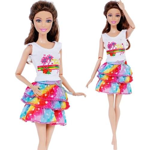 Handmade Lovely Dress Casual Wear Colorful T-shirt Vest Cute Tiered Skirt Clothes For Barbie Doll Accessories Girl Toy