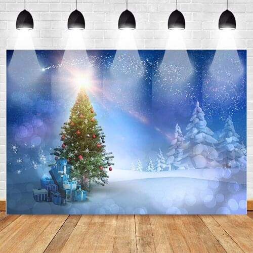 MOCSICKA Winter Christmas Backdrop Christmas Tree Gift Winter Night Scene Blue Sky Background Snow Children Party Banner Decor