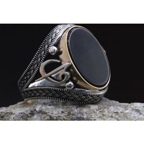 Oval Black Onyx Stone Elif Vav Muslim Ring for Men 925 Sterling Silver Collocation Fashion Natural Male Punk Mask Rings Vintage