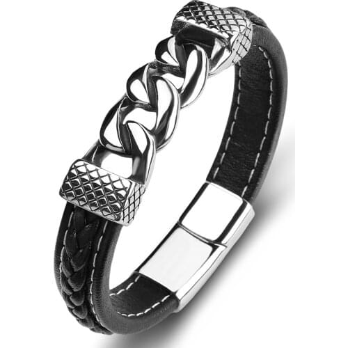 Multicolor Leather Bracelet Men Punk Rock Jewelry Stainless Steel Fashion Bangles Male Wristband Birthday Gift for Husband P118