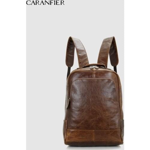 CARANFIER Mens Backpack Genuine Cowhide Leather Vintage Travel Bags Womens Simple Waterproof Zipper & Hasp Student Knapsack