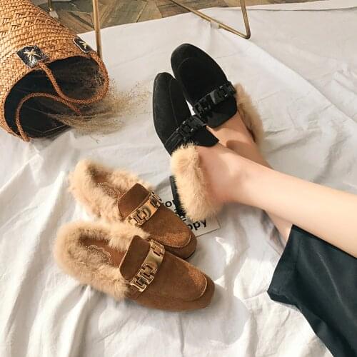 Woman slippers summer sandals fox fur slides mules black shoes for women loafer 2018 home footwear spring outdoor block heel