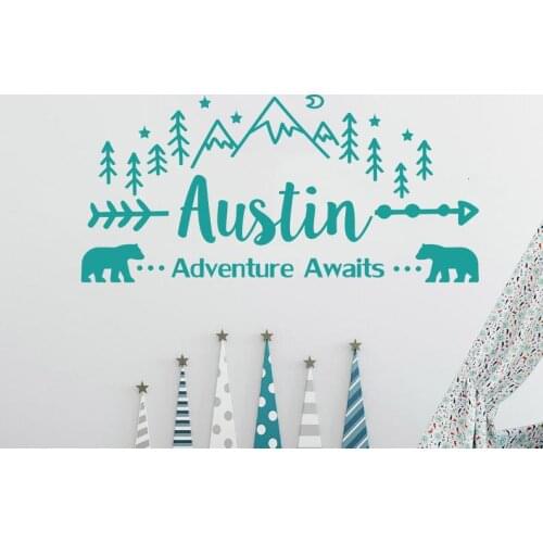 Adventure Awaits Wall Decal Personalized Name Vinyl Sticker Decals Custom Name Mountain Nursery Rustic Decor Kids Room B457
