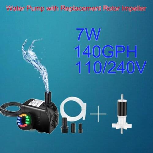 7W 140Gph LED Light Water Pump + Rotor Impeller Submersible Water Outdoor Fountain Water Pump Home Décor Fountain Pump