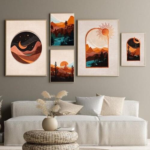 Wall Art Sun and Moon Boho Landscape Posters Prints Canvas Painting Western Desert Living Room Modern Bedroom Home Decoration
