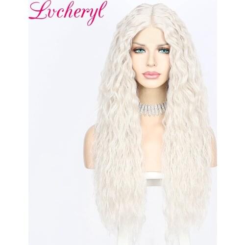 Lvcheryl Long Kinky Curly Silver Grey Color Synthetic Lace Front Wig T-part Middle Parting High Temperature Hair Cosplay Party