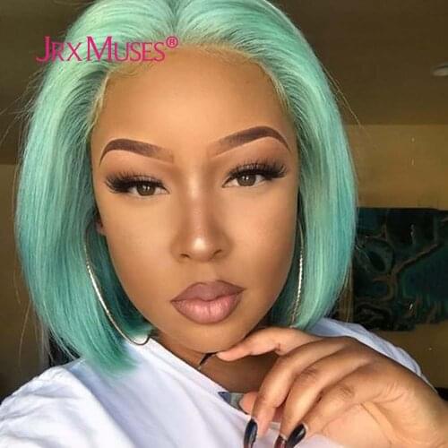 Green Colored Human Hair Wigs Short Bob Straight Deep Part Human Hair Wigs For Women Pre Plucked Glueless Remy Hair