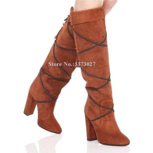 Woman String Bead Fringe Chunky Heel Long Boots Fashion Design Cross Ropes Knee High Boots Lady New Large Size Party Boots