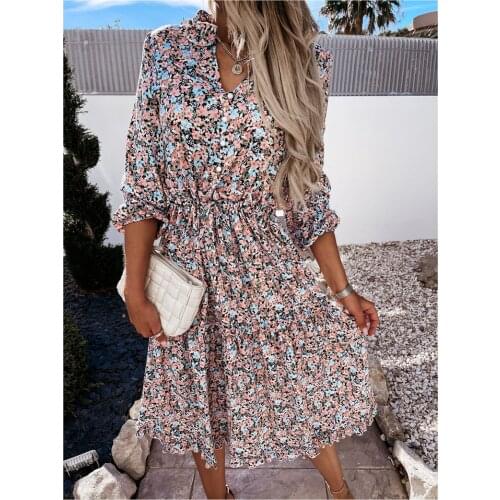 2021 Spring New Floral Print Womens Dress Long Sleeve V-neck Ruffled Women Midi Dress Summer Party Charming Dresses Vestido