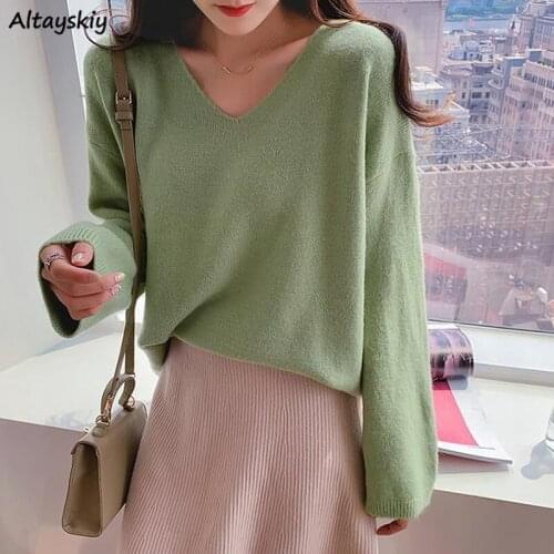 Pullovers Women Solid Simple Korean Style Candy Color V-neck Long Sleeve Sweater Sweet Casual Plus Size All-match Knitted Soft