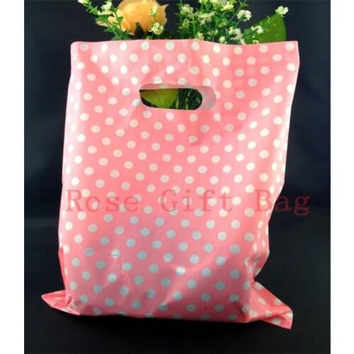 100pcs 25x35cm Dots Design Pink Plastic Gift Bag Cute Jewelry Clothing Boutique Packaging Bags Plastic Shopping Bags With Handle