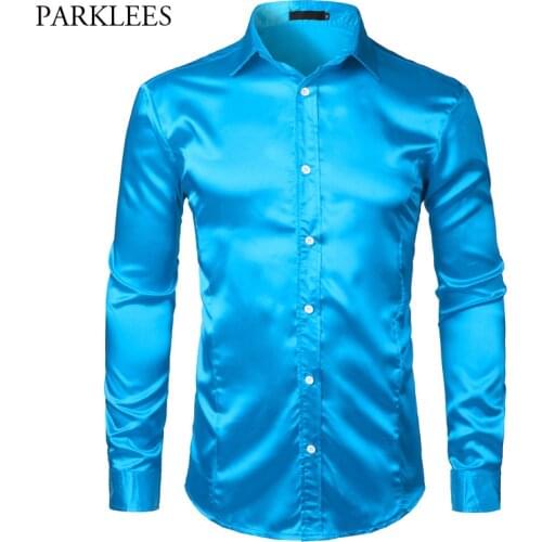 Silk Satin Shirt Men Autumn Long Sleeve Mens Dress Shirts Shiny Smooth Solid Color Camisa Masculina Slim Fit Mariage Chemise XXL