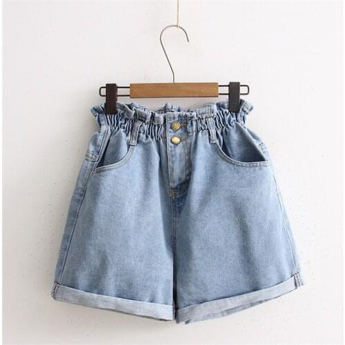 Summer 2021 High Waist Denim Shorts Women Casual Loose Ladies Fashion Roll Up Hem Elastic Waist Pocket Blue White Jeans Female