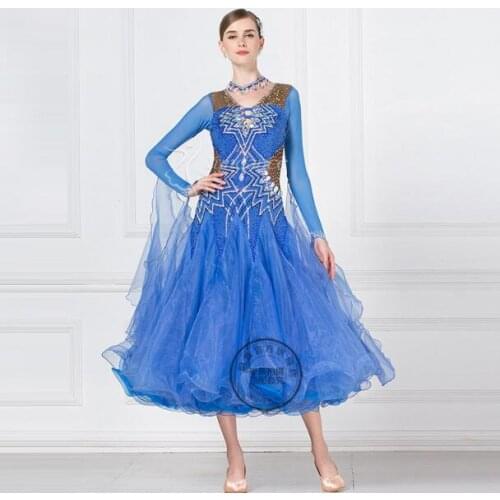 Standard Ballroom Dress Women Custom Made blue Long Sleeved Waltz Ballroom Dance Competition Dresses